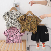2 Pieces Set Baby Kid Girls Boys Leopard Tops And Solid Color Shorts Wholesale 25040362