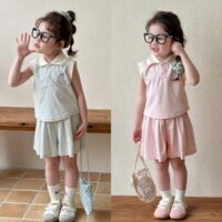 2 Pieces Set Baby Kid Girls Cartoon Tank Tops And Solid Color Shorts Wholesale 25050829