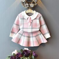 2 Pieces Set Baby Kid Girls Checked Sweaters And Skirts Wholesale 22092706