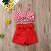 2 Pieces Set Baby Kid Girls Checked Tank Tops And Solid Color Shorts Wholesale 25070895