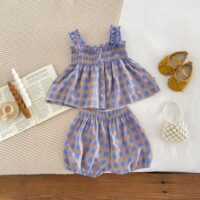 2 Pieces Set Baby Kid Girls Color-blocking Checked Tank Tops And Shorts Wholesale 25060460