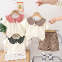 2 Pieces Set Baby Kid Girls Color-blocking Tops And Checked Shorts Wholesale 25040336