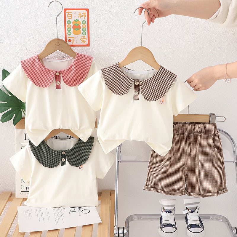 2 Pieces Set Baby Kid Girls Color-blocking Tops And Checked Shorts Wholesale 25040336