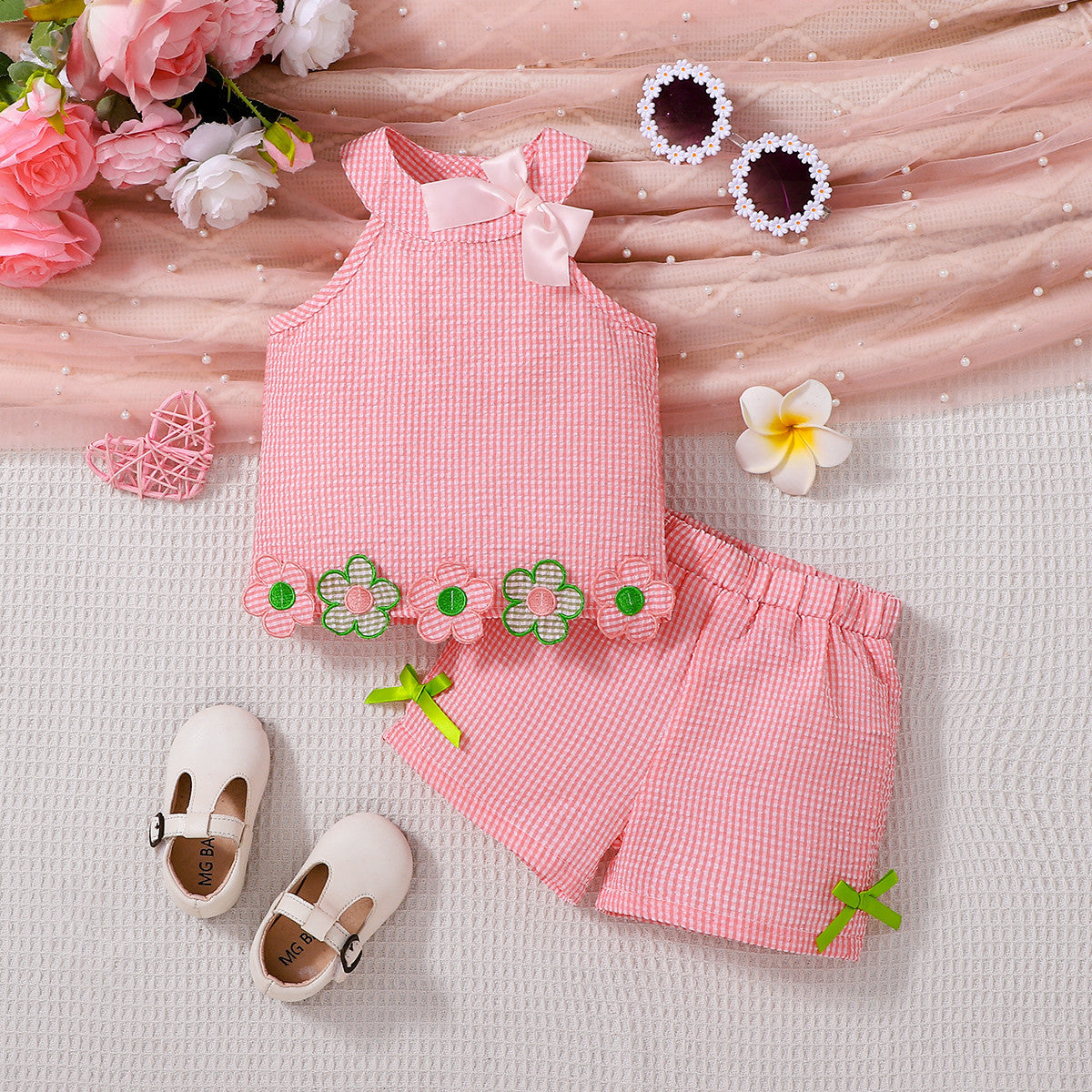 2 Pieces Set Baby Kid Girls Flower Checked Tank Tops And Solid Color Shorts Wholesale 25070846