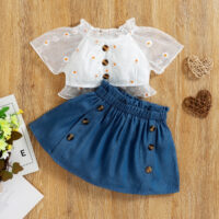 2 Pieces Set Baby Kid Girls Flower Embroidered Tops And Solid Color Skirts Wholesale 25070897