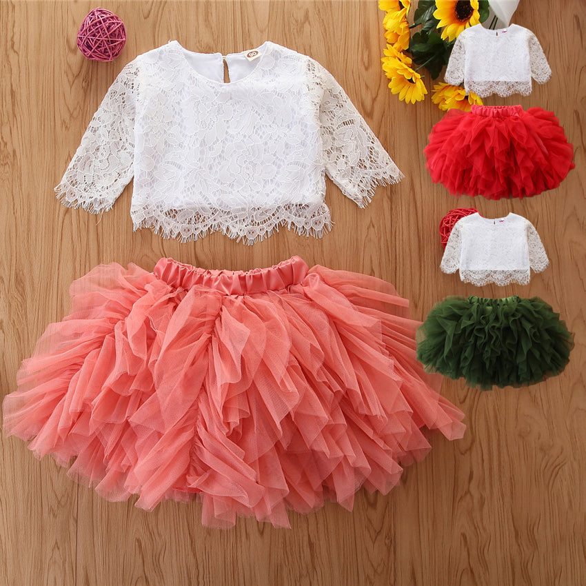2 Pieces Set Baby Kid Girls Lace Tops And Solid Color Mesh Skirts Wholesale 220402148