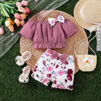 2 Pieces Set Baby Kid Girls Solid Color Bow Tank Tops And Flower Shorts Wholesale 25070852