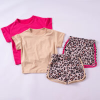 2 Pieces Set Baby Kid Girls Solid Color T-Shirts And Leopard Shorts Wholesale 25060408