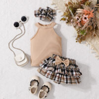 2 Pieces Set Baby Kid Girls Solid Color Tank Tops Checked And Bow Skirts Wholesale 25070867