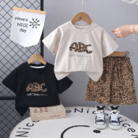 2 Pieces Set Baby Kid Unisex Letters Tops And Leopard Shorts Wholesale 25040371