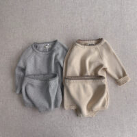 2 Pieces Set Baby Unisex Solid Color Muslin&Ribbed Sweaters And Shorts Wholesale 220920300
