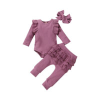 3 Pieces Set Baby Girls Solid Color Muslin&Ribbed Rompers Pants And Bow Headwear Wholesale 230114126