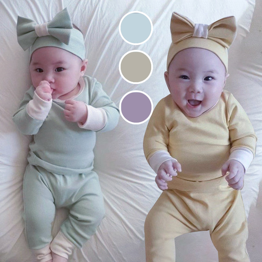 3 Pieces Set Baby Unisex Color-blocking Tops And Pants And Bow Headwear Wholesale 230114267