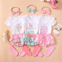 4 Pieces Set Baby Girls Easter Animals Print Shorts Letters Rompers Headwear And Socks Wholesale 25022770