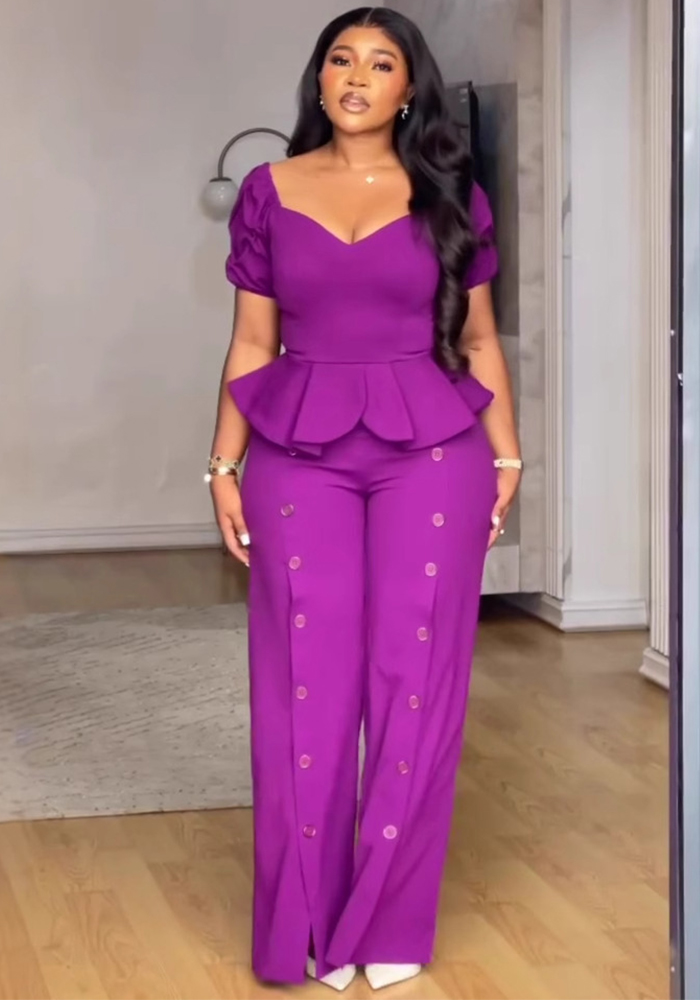 African Women Square Neck Ruffle Top And Solid Trousers Two-piece Set