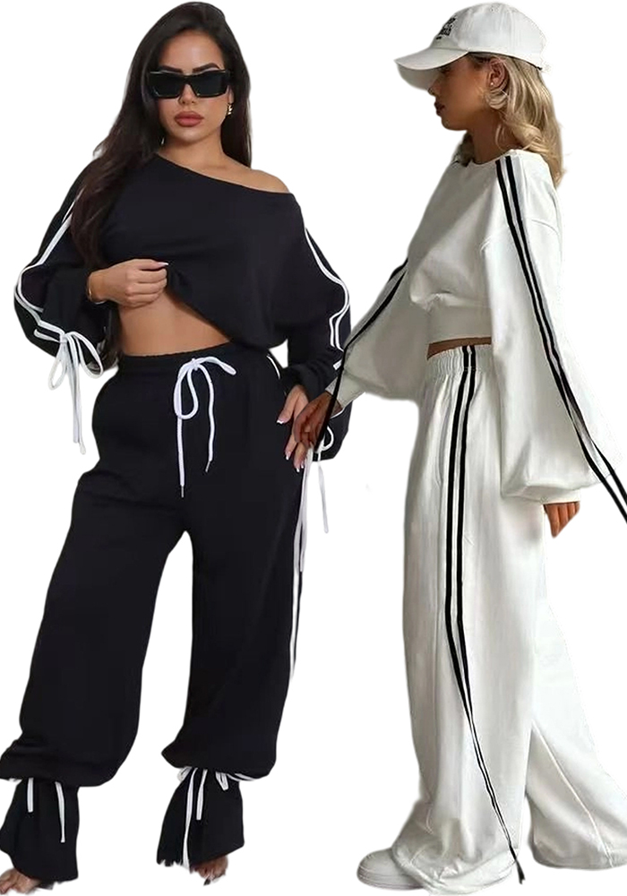 Autumn Casual Women's Solid Color Loose Webbing-Trimmed Two-Piece Pants Set