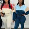 Autumn Contrast Color Zipper Patchwork Top Tight Fitting Pants Sports Two-Piece Set
