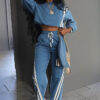Autumn Winter Sport Color Block Striped Long Sleeve Hoodies Drawstring Pants Two-Piece Set