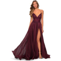 Burgundy Evening Dress V-Neck Strappy Slit Sexy Formal Party Dress(Processing time need 3-6 days)