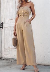 Button Strapless Top & Wide Leg Pants Set