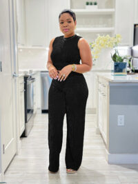 Casual High Stretch Ribbed Sleeveless Tank Top Wide Leg Pants Two Piece Set