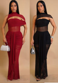 Casual Off-Shoulder Sexy Hollow See-Through Mesh Ruffle Bodycon Dress Set