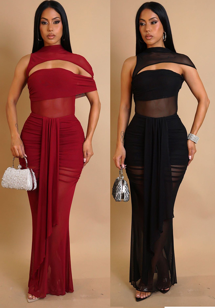 Casual Off-Shoulder Sexy Hollow See-Through Mesh Ruffle Bodycon Dress Set