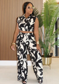 Casual Sleeveless Turn-Down Collar Top and Pants Two-Piece Set