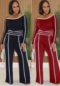 Casual Stretch Patchwork High-Waist Wide-Leg Pants & Long Sleeve Top Two-Piece Set