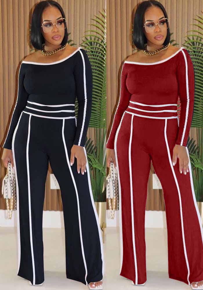 Casual Stretch Patchwork High-Waist Wide-Leg Pants & Long Sleeve Top Two-Piece Set