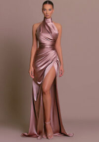 Chic Halter Neck Sleeveless Long Dress Slim Waist Mermaid Slit Evening Dress(Processing time need 3-6 days)