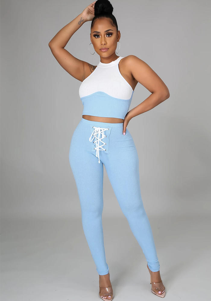Color Block Tight Fitting Top Pants Two-Piece Set
