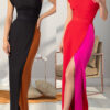 contrast color one-shoulder Elegant long dress evening gown