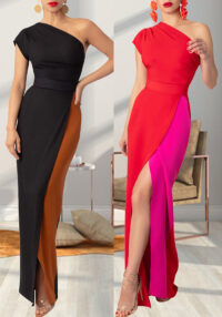 contrast color one-shoulder Elegant long dress evening gown