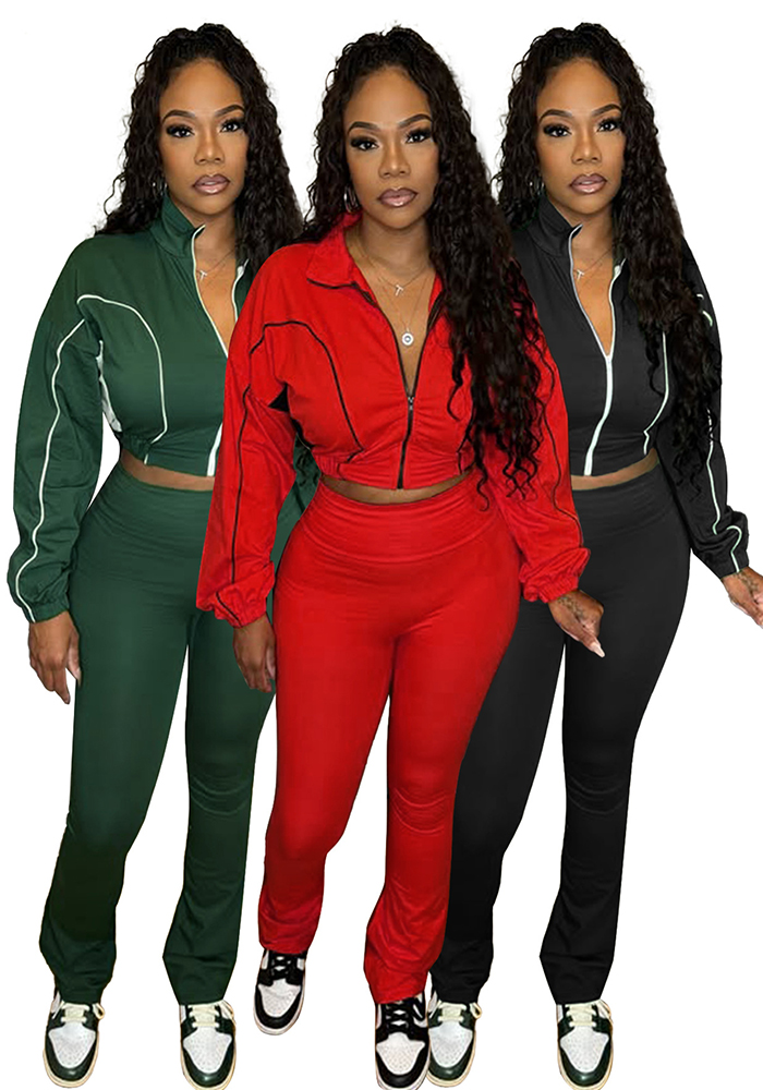 Contrast Zip Patchwork Sport Two Piece Pants Set