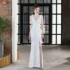 Elegant Bride Solid V-Neck Ruffled Slit Slim Fishtail Wedding Dress