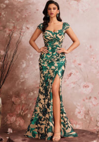 Elegant Cocktail Formal Party Evening Dress Embroidered Sequins Women's Slit Mermaid Gown