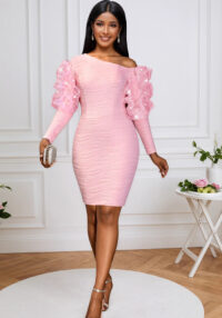 Elegant Pearl Mesh Flounce Long Sleeve Sexy Off-the-Shoulder Slim Evening Bodycon Dresses