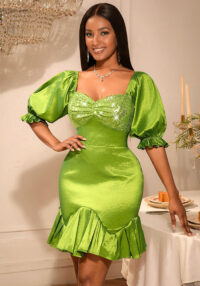 Elegant Puff-Sleeve Party Dress Sequin Patchwork Ruffled Formal Bodycon Gown