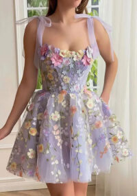Embroidered Flower Decoration Purple Mesh Slim Waist Strap Short Women Dress