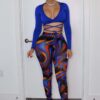 Fall Sexy Blue Wrap Tied Long Sleeve Crop Top And Printed Tight Pants Two Piece Set