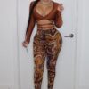 Fall Sexy Brown Wrap Tied Long Sleeve Crop Top And Printed Tight Pants Two Piece Set