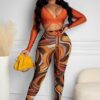 Fall Sexy Orange Wrap Tied Long Sleeve Crop Top and Printed Tight Pants Set