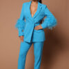 Fall Women Feather Blazer and Pant Two Piece