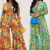 Fashion Color Contrast Printing Chiffon Long Sleeve Tie Blouse Bell Bottom Pants Two-Piece Suit For Women