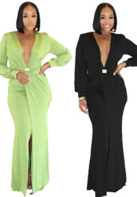 Fashion Deep V Long Sleeve Slim Waist Sexy Slit Solid Color Autumn Winter Women's Long Dres