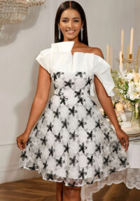 Fashion One-Shoulder Ruffle Mesh Sequin Embroidery Color Block Elegant Formal Party Dress