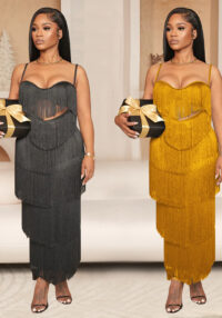 Fashion Sexy Low Back Fringed Maxi Dress Women's Strappy Gown