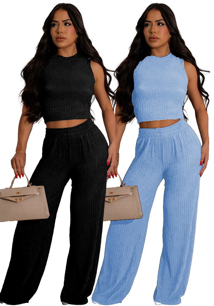 Fashion Solid Color Sleeveless Wide Leg Two Piece Pants Set