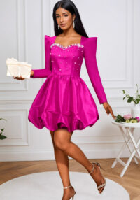 Fashion Square Neck Beaded Long Sleeve Party Dress Lantern Sleeve Slim Waist Puffy Ball Gown Evening Dress